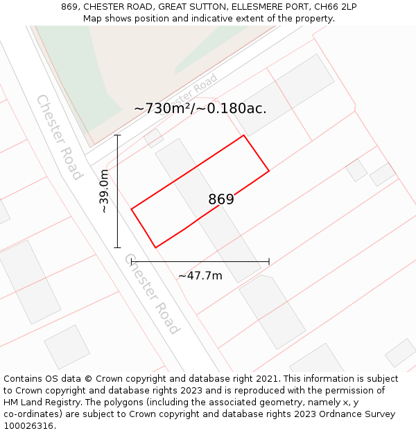 869, CHESTER ROAD, GREAT SUTTON, ELLESMERE PORT, CH66 2LP: Plot and title map