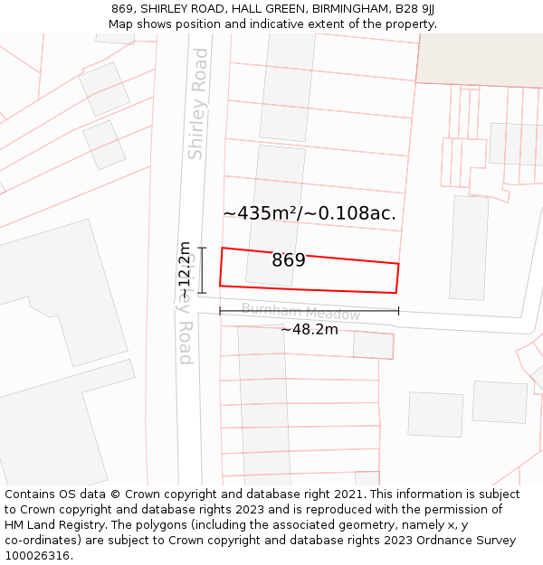 869, SHIRLEY ROAD, HALL GREEN, BIRMINGHAM, B28 9JJ: Plot and title map