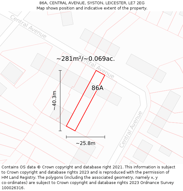 86A, CENTRAL AVENUE, SYSTON, LEICESTER, LE7 2EG: Plot and title map