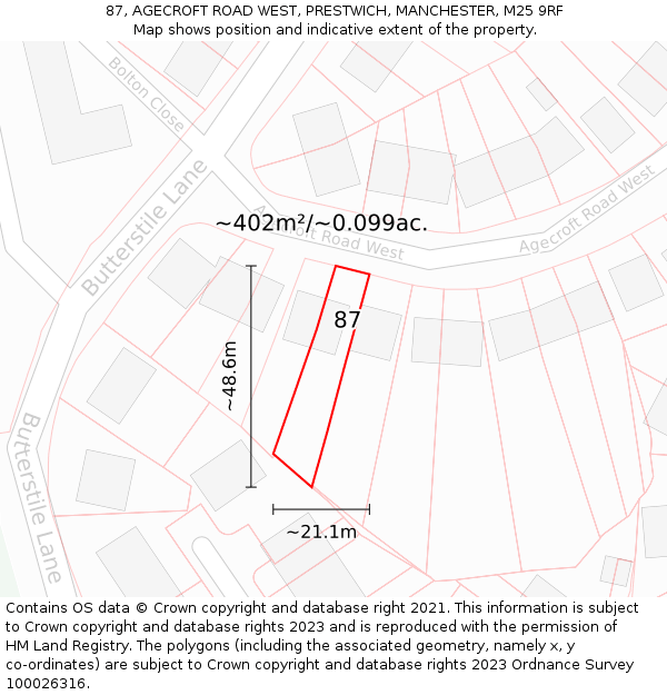 87, AGECROFT ROAD WEST, PRESTWICH, MANCHESTER, M25 9RF: Plot and title map