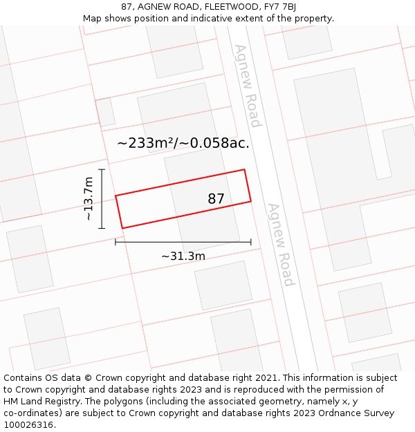 87, AGNEW ROAD, FLEETWOOD, FY7 7BJ: Plot and title map