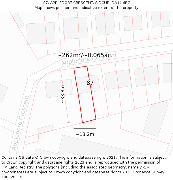 87, APPLEDORE CRESCENT, SIDCUP, DA14 6RG: Plot and title map