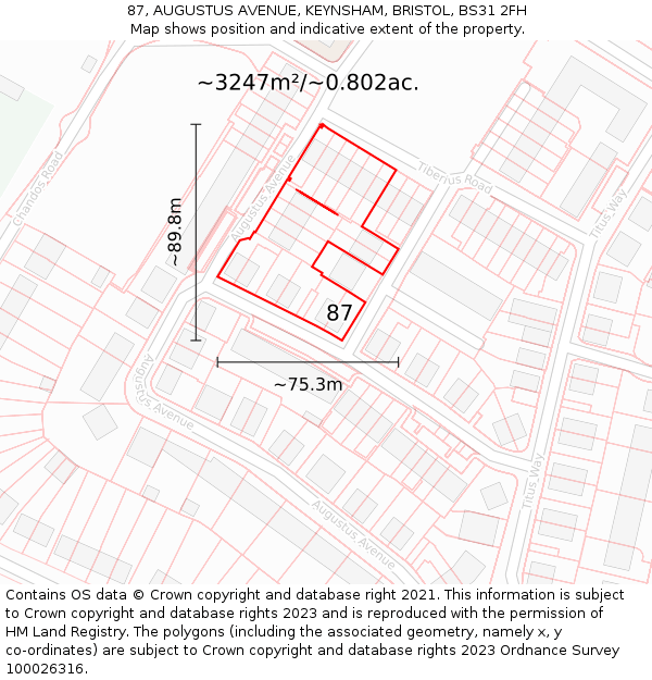 87, AUGUSTUS AVENUE, KEYNSHAM, BRISTOL, BS31 2FH: Plot and title map