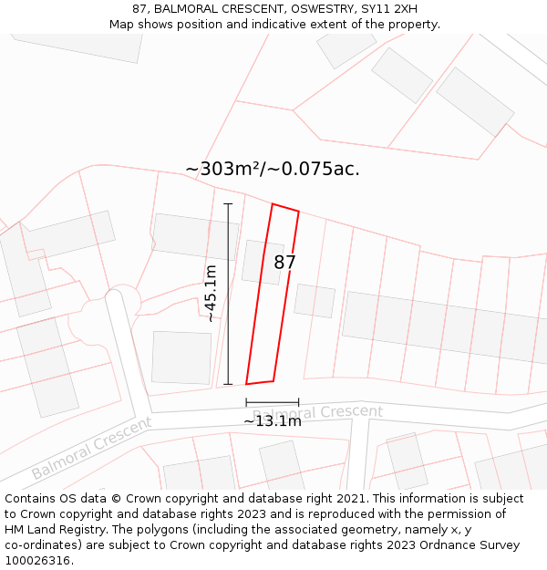 87, BALMORAL CRESCENT, OSWESTRY, SY11 2XH: Plot and title map