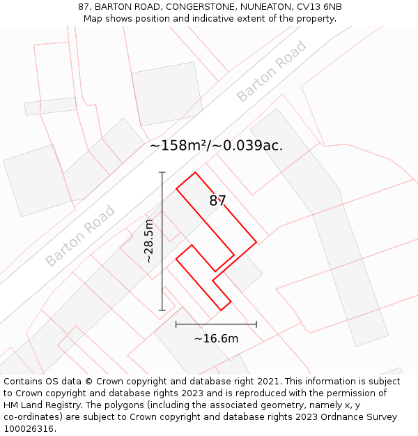 87, BARTON ROAD, CONGERSTONE, NUNEATON, CV13 6NB: Plot and title map