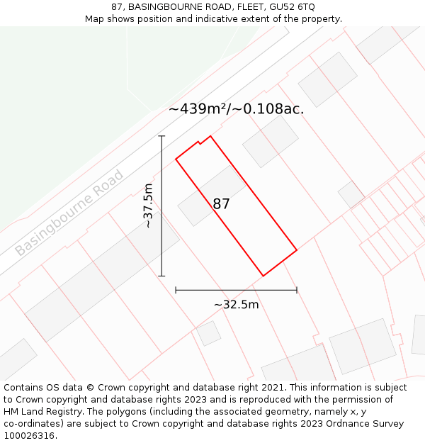 87, BASINGBOURNE ROAD, FLEET, GU52 6TQ: Plot and title map