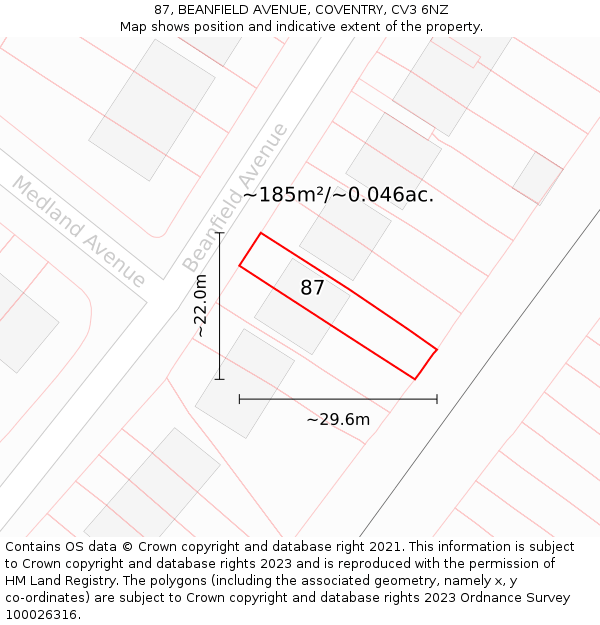 87, BEANFIELD AVENUE, COVENTRY, CV3 6NZ: Plot and title map