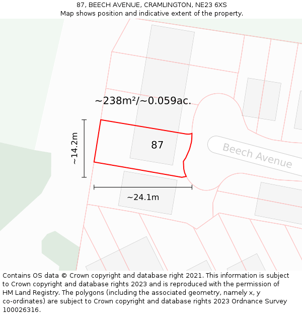 87, BEECH AVENUE, CRAMLINGTON, NE23 6XS: Plot and title map