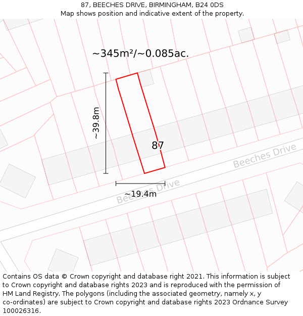 87, BEECHES DRIVE, BIRMINGHAM, B24 0DS: Plot and title map