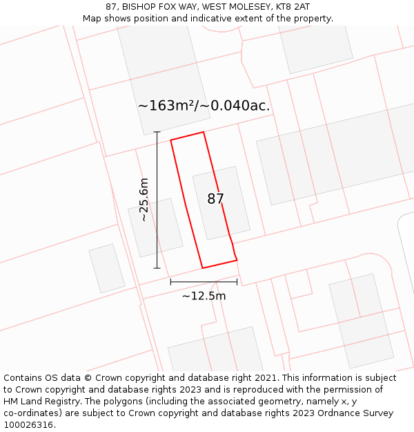 87, BISHOP FOX WAY, WEST MOLESEY, KT8 2AT: Plot and title map