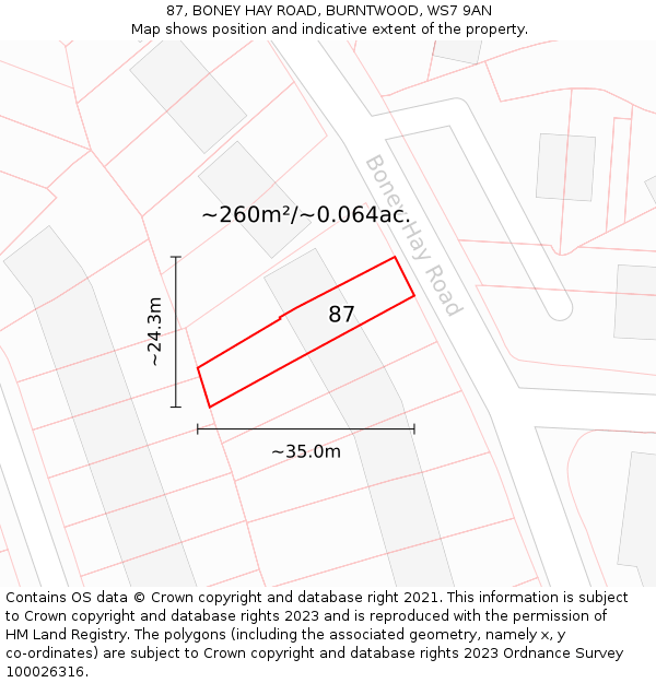 87, BONEY HAY ROAD, BURNTWOOD, WS7 9AN: Plot and title map