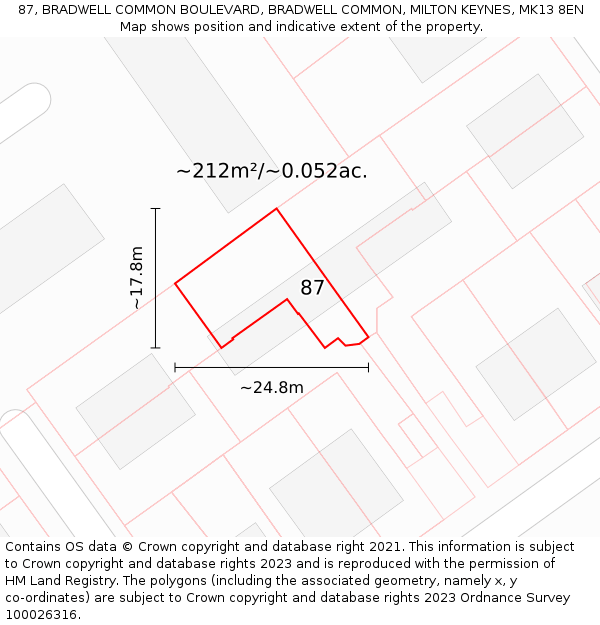 87, BRADWELL COMMON BOULEVARD, BRADWELL COMMON, MILTON KEYNES, MK13 8EN: Plot and title map