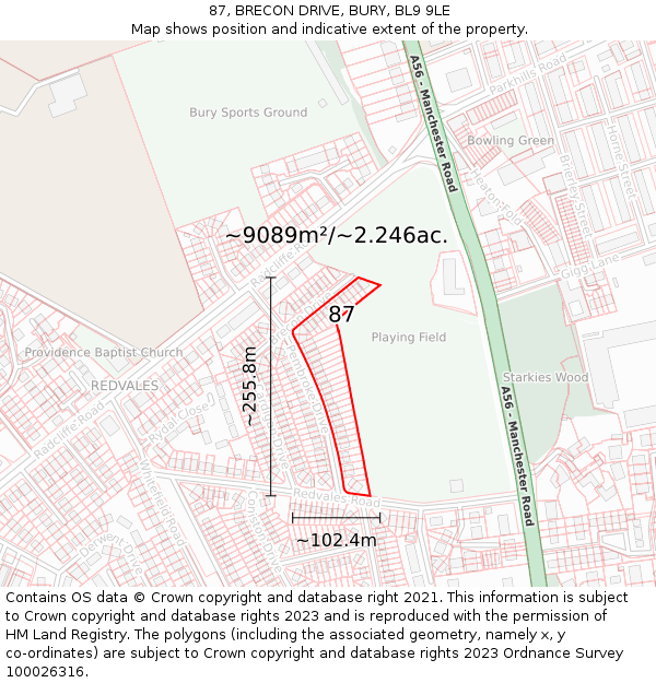 87, BRECON DRIVE, BURY, BL9 9LE: Plot and title map