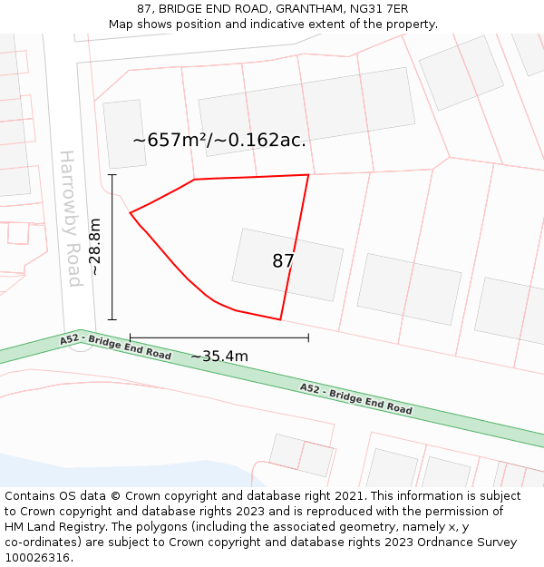 87, BRIDGE END ROAD, GRANTHAM, NG31 7ER: Plot and title map