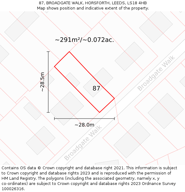 87, BROADGATE WALK, HORSFORTH, LEEDS, LS18 4HB: Plot and title map