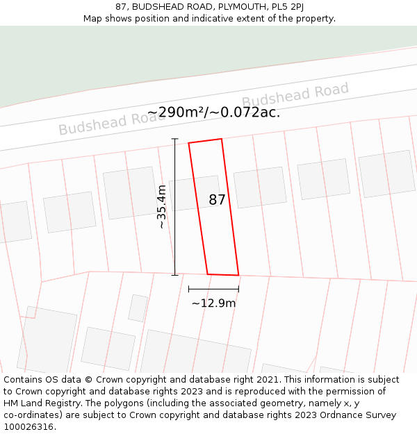 87, BUDSHEAD ROAD, PLYMOUTH, PL5 2PJ: Plot and title map