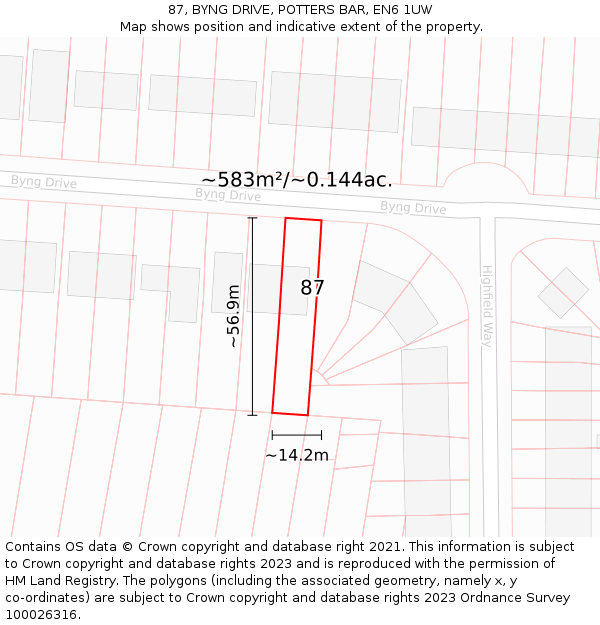 87, BYNG DRIVE, POTTERS BAR, EN6 1UW: Plot and title map