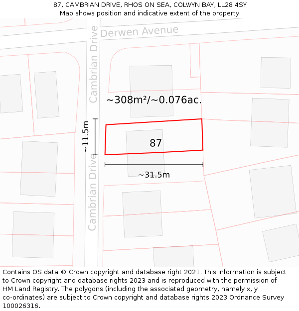 87, CAMBRIAN DRIVE, RHOS ON SEA, COLWYN BAY, LL28 4SY: Plot and title map