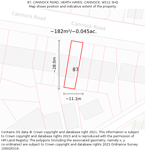 87, CANNOCK ROAD, HEATH HAYES, CANNOCK, WS12 3HQ: Plot and title map