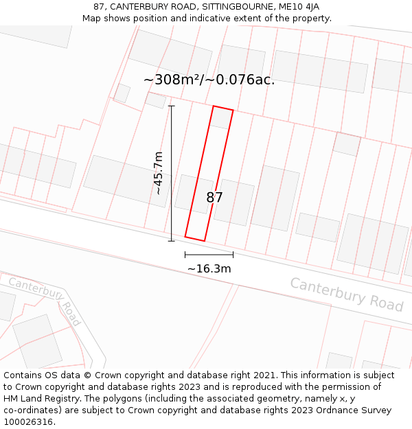 87, CANTERBURY ROAD, SITTINGBOURNE, ME10 4JA: Plot and title map