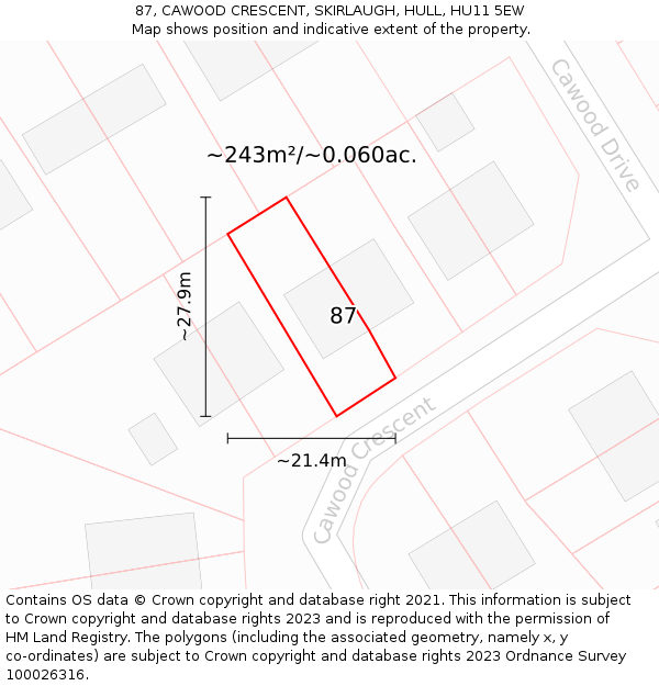 87, CAWOOD CRESCENT, SKIRLAUGH, HULL, HU11 5EW: Plot and title map