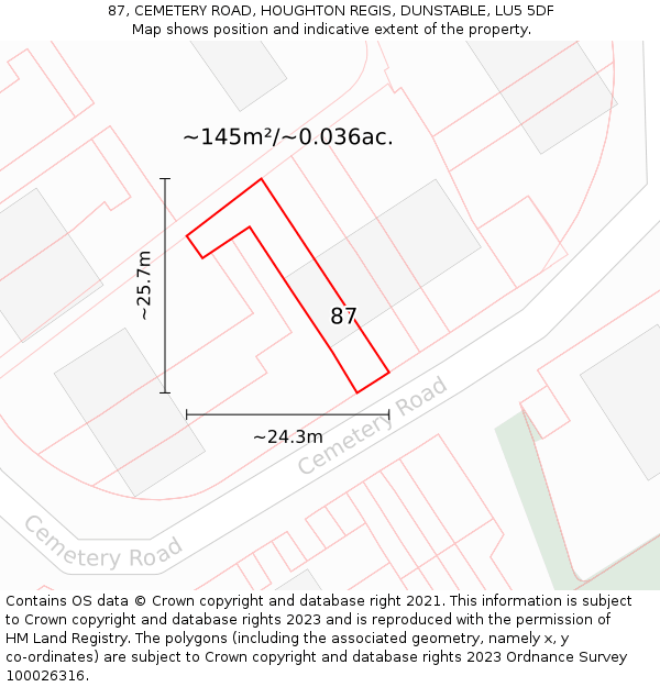 87, CEMETERY ROAD, HOUGHTON REGIS, DUNSTABLE, LU5 5DF: Plot and title map