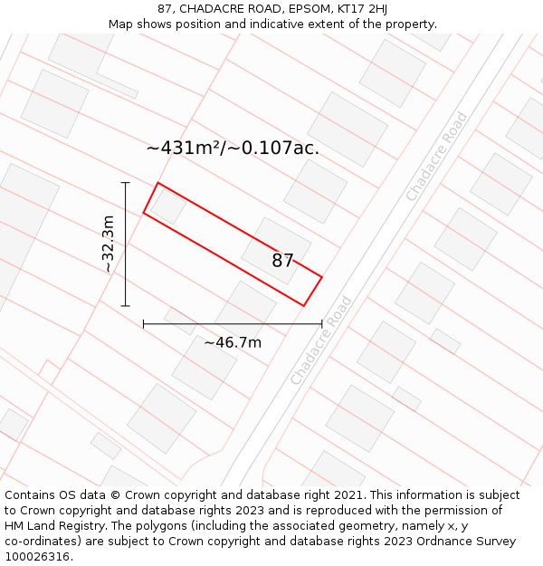 87, CHADACRE ROAD, EPSOM, KT17 2HJ: Plot and title map