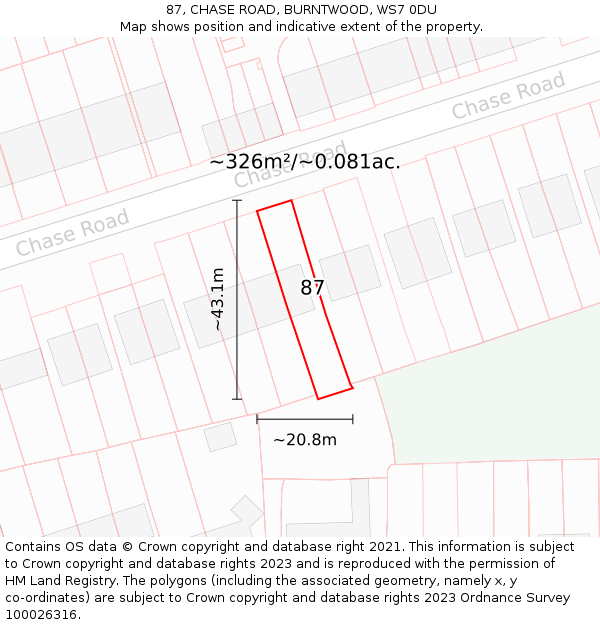 87, CHASE ROAD, BURNTWOOD, WS7 0DU: Plot and title map