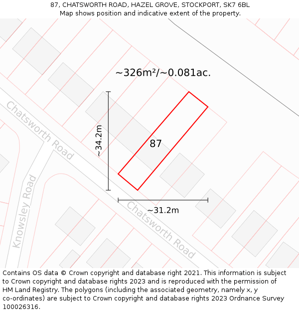 87, CHATSWORTH ROAD, HAZEL GROVE, STOCKPORT, SK7 6BL: Plot and title map