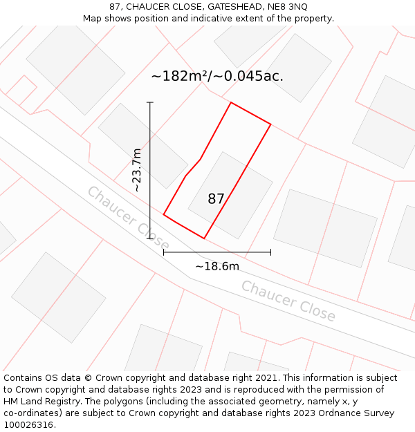 87, CHAUCER CLOSE, GATESHEAD, NE8 3NQ: Plot and title map