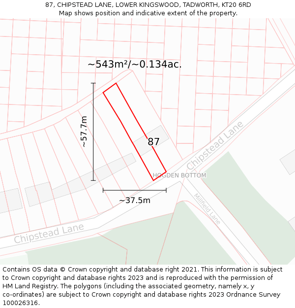 87, CHIPSTEAD LANE, LOWER KINGSWOOD, TADWORTH, KT20 6RD: Plot and title map