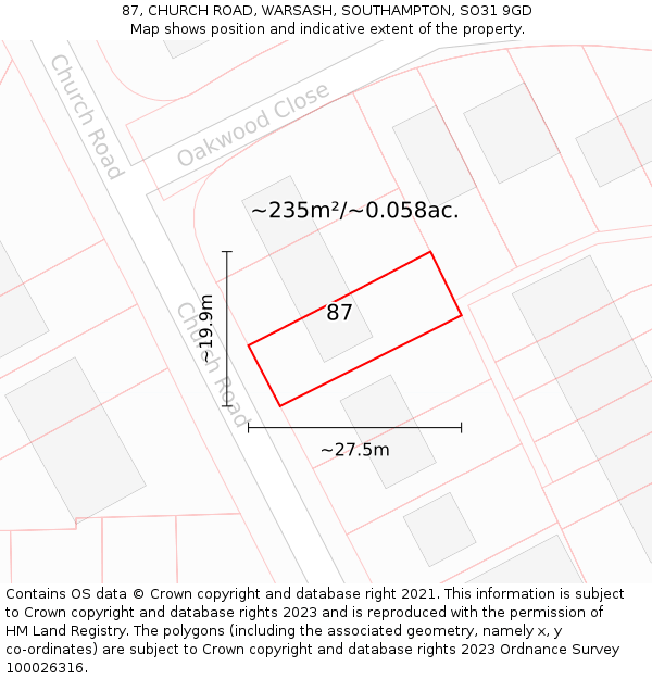 87, CHURCH ROAD, WARSASH, SOUTHAMPTON, SO31 9GD: Plot and title map