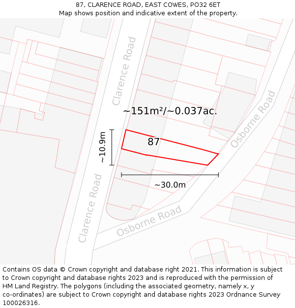 87, CLARENCE ROAD, EAST COWES, PO32 6ET: Plot and title map