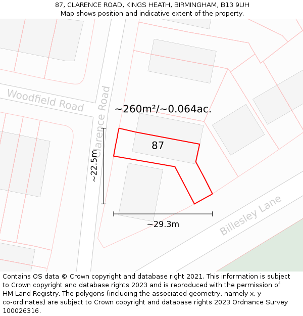 87, CLARENCE ROAD, KINGS HEATH, BIRMINGHAM, B13 9UH: Plot and title map