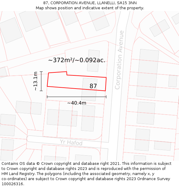 87, CORPORATION AVENUE, LLANELLI, SA15 3NN: Plot and title map