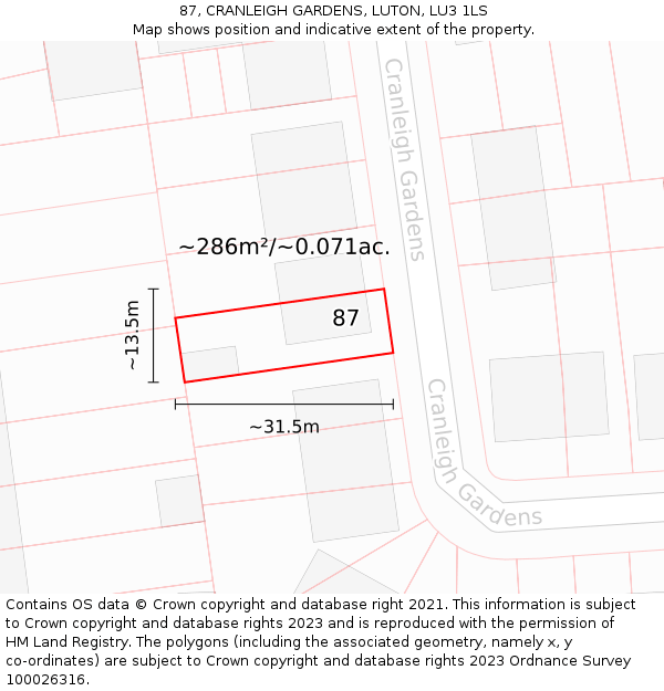 87, CRANLEIGH GARDENS, LUTON, LU3 1LS: Plot and title map