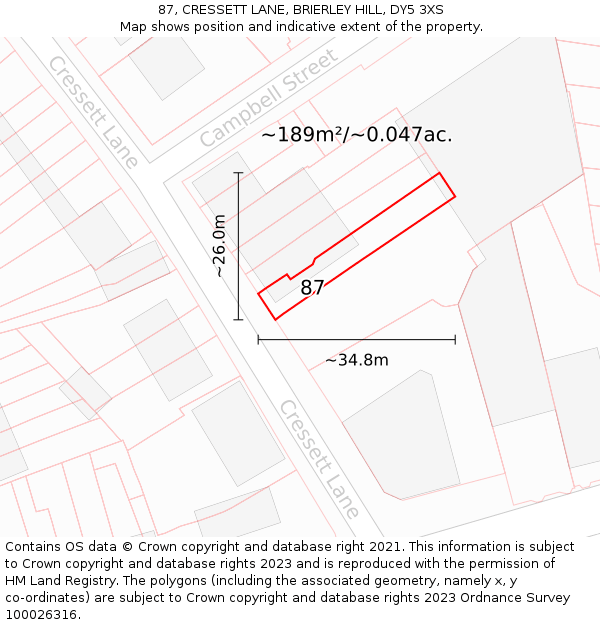 87, CRESSETT LANE, BRIERLEY HILL, DY5 3XS: Plot and title map