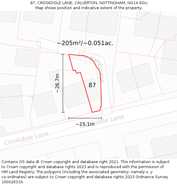 87, CROOKDOLE LANE, CALVERTON, NOTTINGHAM, NG14 6GU: Plot and title map