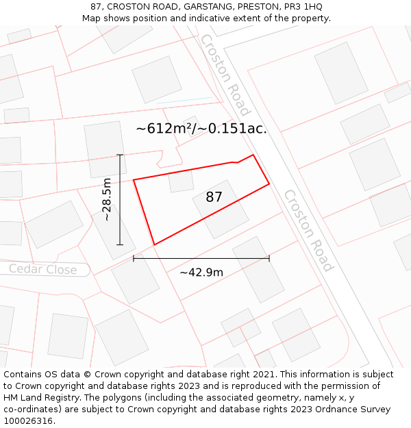 87, CROSTON ROAD, GARSTANG, PRESTON, PR3 1HQ: Plot and title map