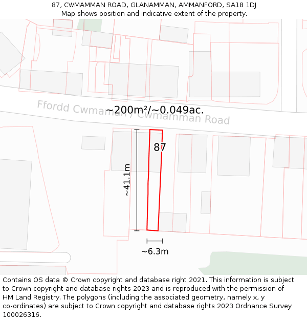 87, CWMAMMAN ROAD, GLANAMMAN, AMMANFORD, SA18 1DJ: Plot and title map