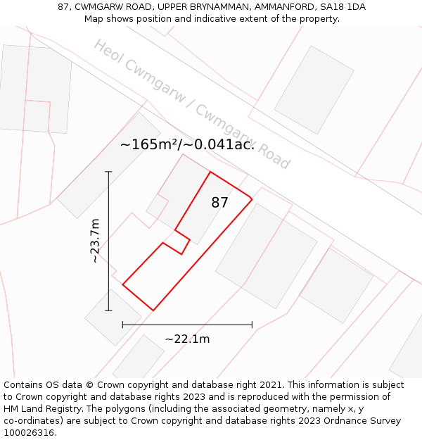 87, CWMGARW ROAD, UPPER BRYNAMMAN, AMMANFORD, SA18 1DA: Plot and title map