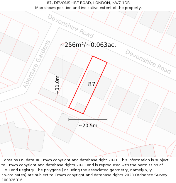 87, DEVONSHIRE ROAD, LONDON, NW7 1DR: Plot and title map