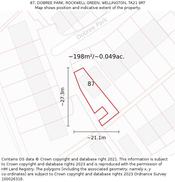 87, DOBREE PARK, ROCKWELL GREEN, WELLINGTON, TA21 9RT: Plot and title map