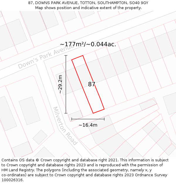 87, DOWNS PARK AVENUE, TOTTON, SOUTHAMPTON, SO40 9GY: Plot and title map