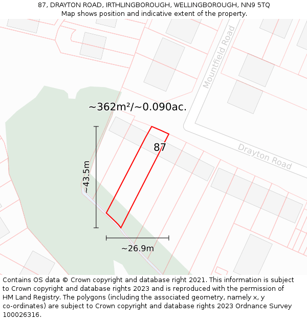 87, DRAYTON ROAD, IRTHLINGBOROUGH, WELLINGBOROUGH, NN9 5TQ: Plot and title map