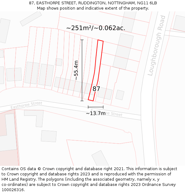 87, EASTHORPE STREET, RUDDINGTON, NOTTINGHAM, NG11 6LB: Plot and title map