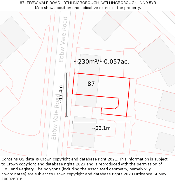 87, EBBW VALE ROAD, IRTHLINGBOROUGH, WELLINGBOROUGH, NN9 5YB: Plot and title map