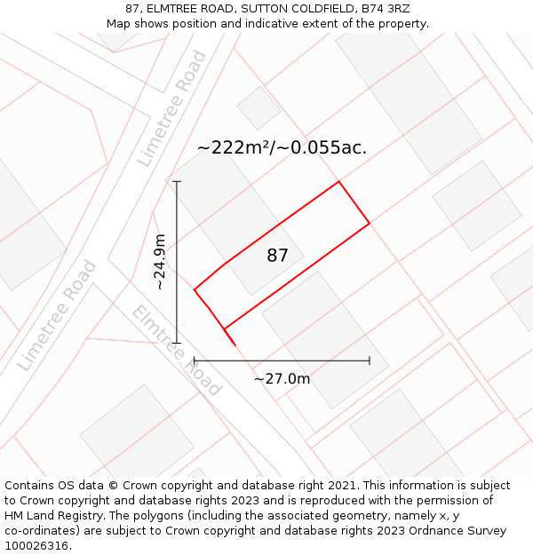 87, ELMTREE ROAD, SUTTON COLDFIELD, B74 3RZ: Plot and title map