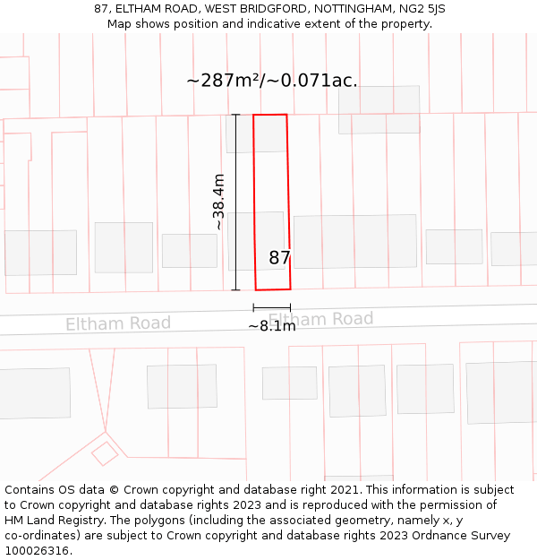 87, ELTHAM ROAD, WEST BRIDGFORD, NOTTINGHAM, NG2 5JS: Plot and title map