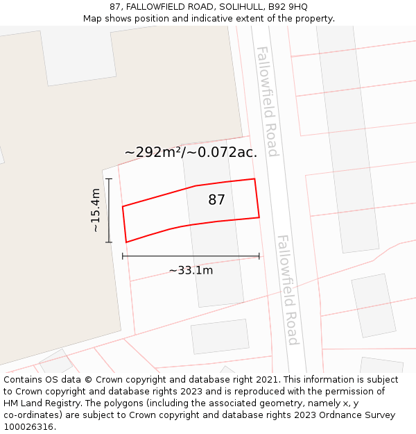 87, FALLOWFIELD ROAD, SOLIHULL, B92 9HQ: Plot and title map